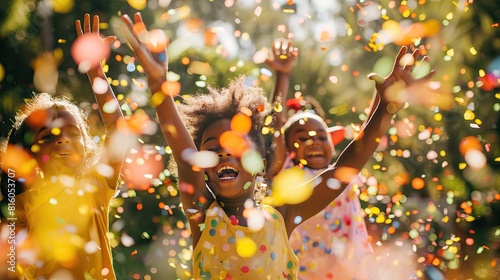 Two joyful children laugh and play, surrounded by flying yellow confetti in a sunlit outdoor setting, capturing a moment of pure happiness..