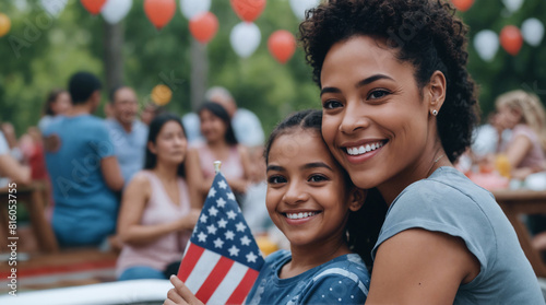Mother, daughter holding American flag, smiling, hugging, celebration of US Independence day in garden, yard, outdoors, 4th of July, national holiday of freedom, patriotic photo