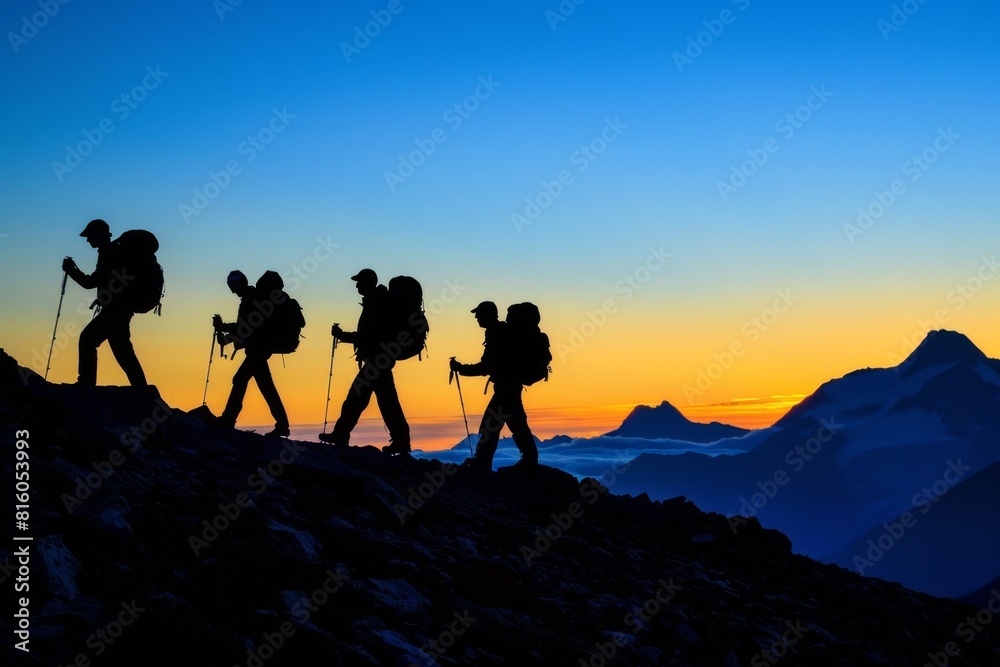 A silhouette of hikers walking up the side of an alpine mountain at dusk, with a clear blue sky and warm orange glow in the background symbolizing adventure and determination Generative AI