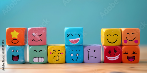 children s cubes international Smile Day World compline A variety of emotions joy serenity anger sadness on the colored cubes blue back ground.