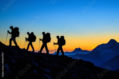 A silhouette of hikers walking up the side of an alpine mountain at dusk  with a clear blue sky and warm orange glow in the background symbolizing adventure and determination Generative AI