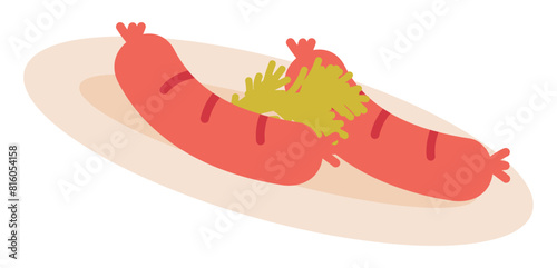 Barbeque sausages dish in flat design. Plate with grilled meat and greens. Vector illustration isolated.
