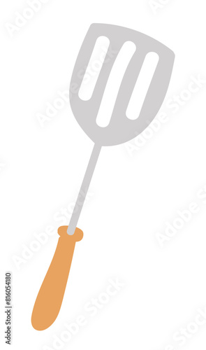 Kitchen spatula in flat design. Kitchenware spoon with holes and wooden handle. Vector illustration isolated.