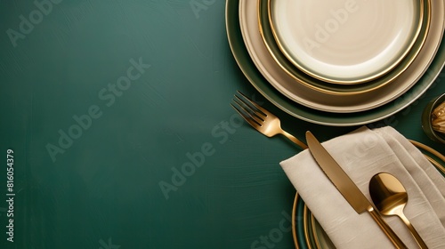 Chic dining table setting for a special occasion. Empty plates and gold cutlery on a dark green background, with a beige napkin. Perfect for a restaurant menu or card template. photo