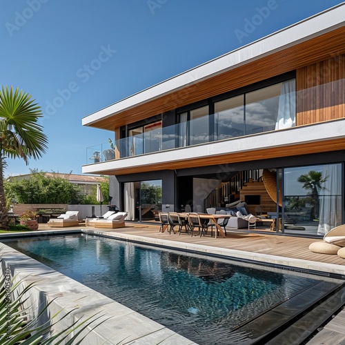 An exquisite contemporary home featuring clean architectural lines and a beautiful pool, offering a glimpse of the ocean and palm trees © qorqudlu