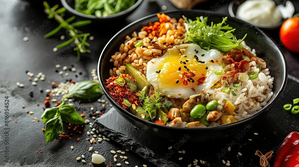 A nutritious and colorful rice bowl featuring a sunny-side-up egg, fresh vegetables, and seasoned rice, served in a black bowl on a dark background..