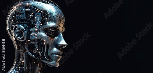 Artificial intelligence  composition of a chrome cyborg robot on a dark background  isolate. AI generated.