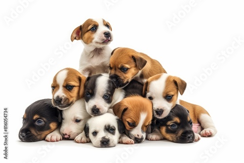 Playful Puppies Pile-Up: Showcase a heap of adorable puppies playing together. photo on white isolated background
