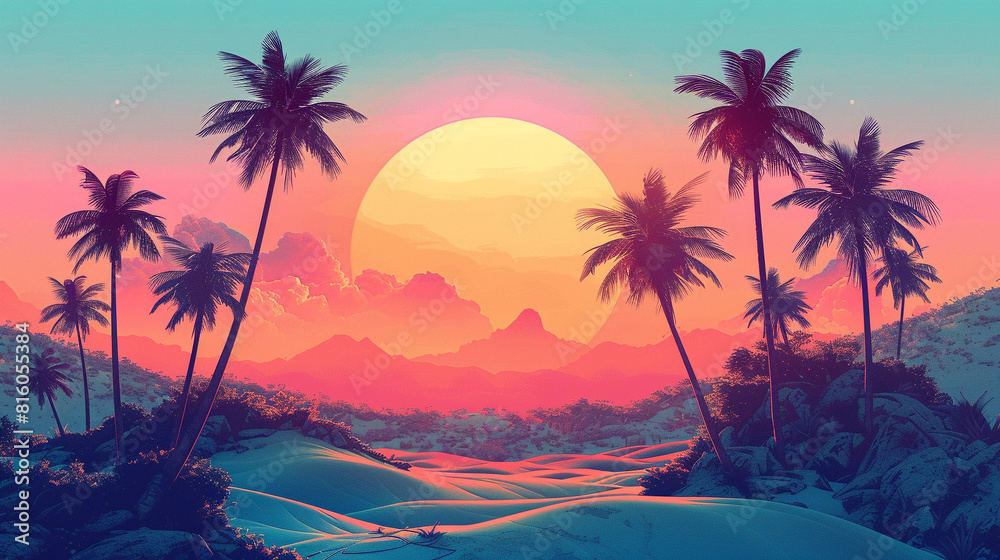 illustration of sunset and palm trees