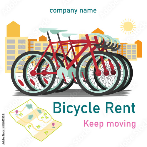 Banner for bicycle rental on a white background. Red bicycles against the background of city houses. Vector illustration. Flat style.