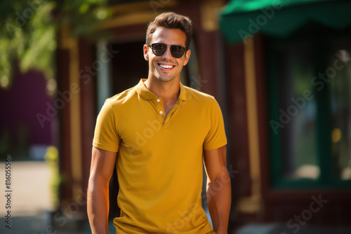 man wearing yellow t shirt with sun glasses.