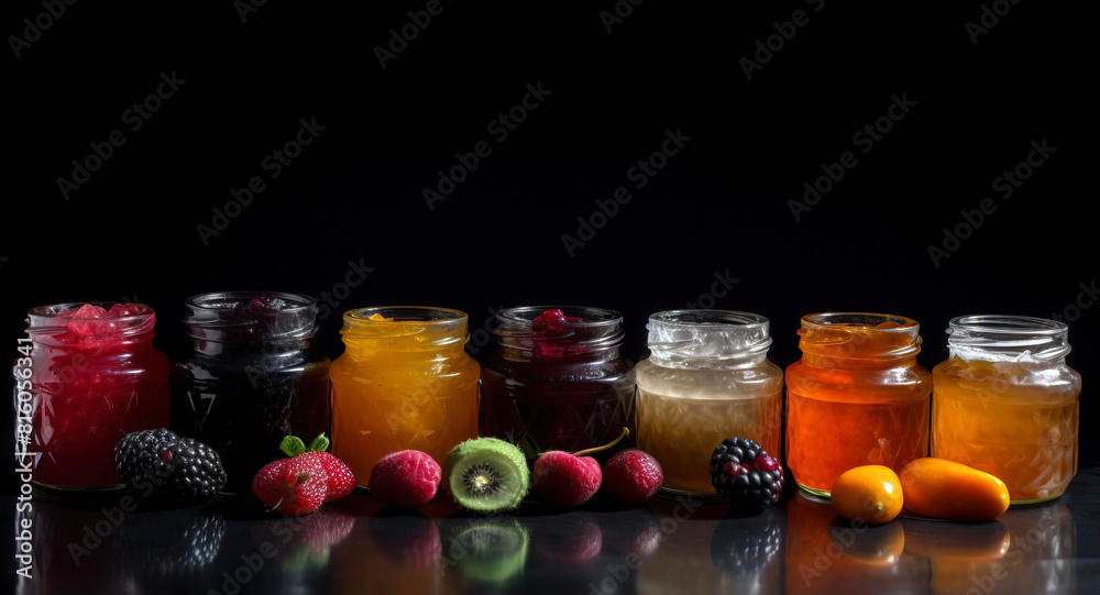 Colored jars of different jams with fresh berries and fruits stand in a row, black background. AI generated. Colored jars of different jams with fresh berries and fruits stand in a row, black background. AI generated.