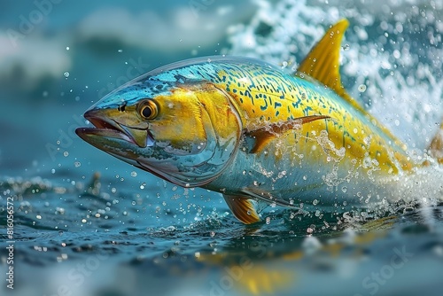 Mahi-Mahi Dorado leaping out of the water, perfect for sport fishing promotions. 
