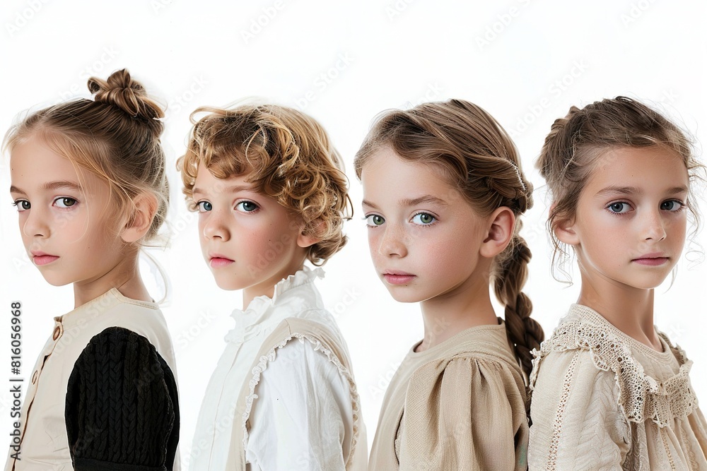 four children, standing in a row, facing slightly to the right. They are dressed in vintage-style clothing, featuring neutral tones and intricate details. Each child has their hair styled differently, four children, standing in a row, facing slightly to the right. They are dressed in vintage-style clothing, featuring neutral tones and intricate details. Each child has their hair styled differently,