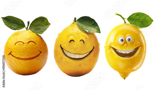 Set of 3 lemon, funny lemon cartoon character isolated on white background, fruit smiling face. PNG file