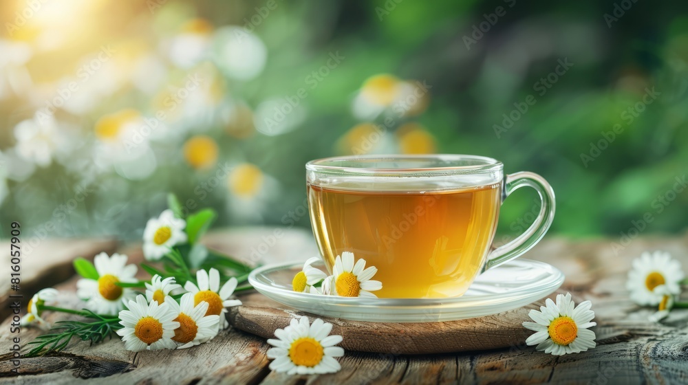 Delicious chamomile tea in glass cup on wooden table Delicious chamomile tea in glass cup on wooden table