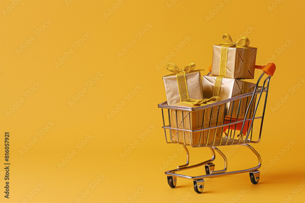 shopping cart with present-boxes on a yellow background shopping cart with present-boxes on a yellow background