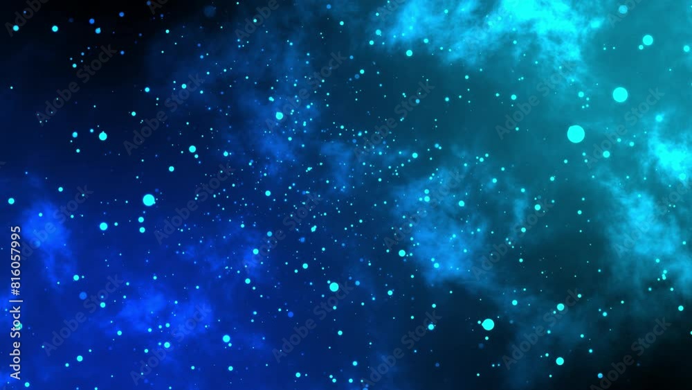 3D Animation of a swarm of glowing fireflies flying around over a black background with purple and blue smoke in 4K.