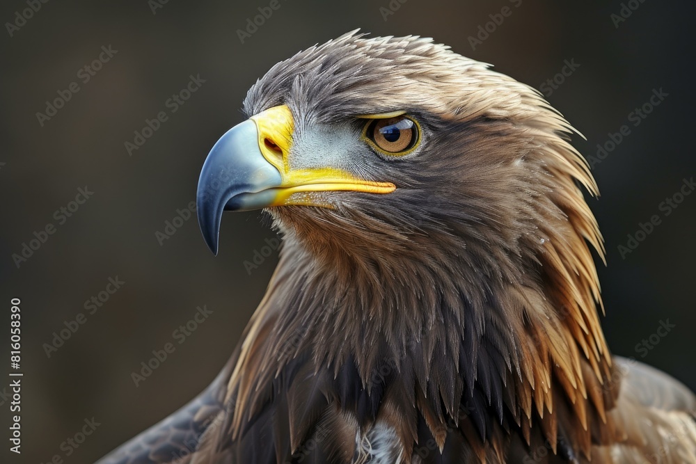 Close-up detailed image of a majestic golden eagle with intense gaze and sharp, regal profile in its natural wildlife habitat Close-up detailed image of a majestic golden eagle with intense gaze and sharp, regal profile in its natural wildlife habitat