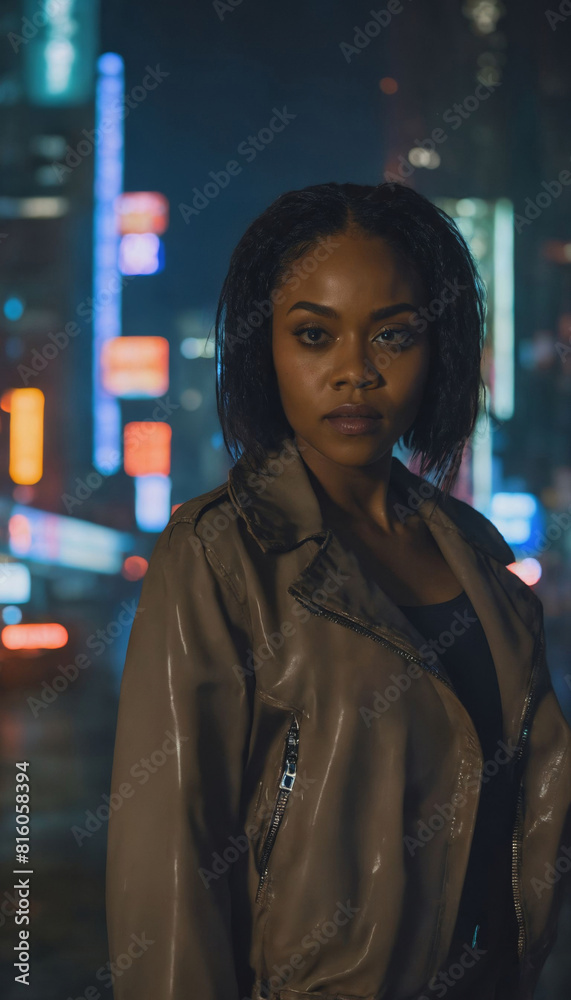 photo of beautiful adult african woman with casual wear standing posing for picture at night future city, generative AI