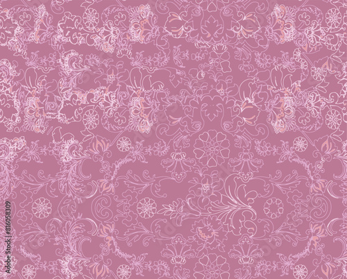 Damask flower pink motif pattern Victorian vector background. Hand drawn running stitch print. Classic antique embroidery, lace home decor, quilted textiles Beautiful floral and rustic scarf design
