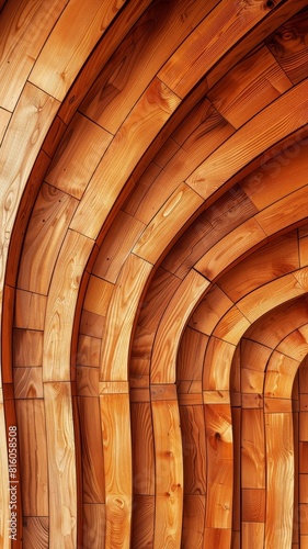 The image is of a wooden structure with a curved design