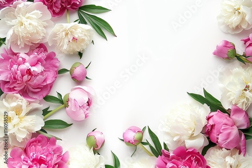 Wallpaper Mural Flowers composition. Flat lay. Top view. Border frame made of pink and beige peonies isolated on white background. Gentle peonies and ranunculus. Beautiful backdrop for design. Floral assorted peony Torontodigital.ca