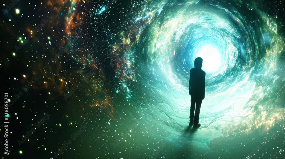 Lonely figure in cloudy tunnel, concept of entrance to the afterlife Lonely figure in cloudy tunnel, concept of entrance to the afterlife