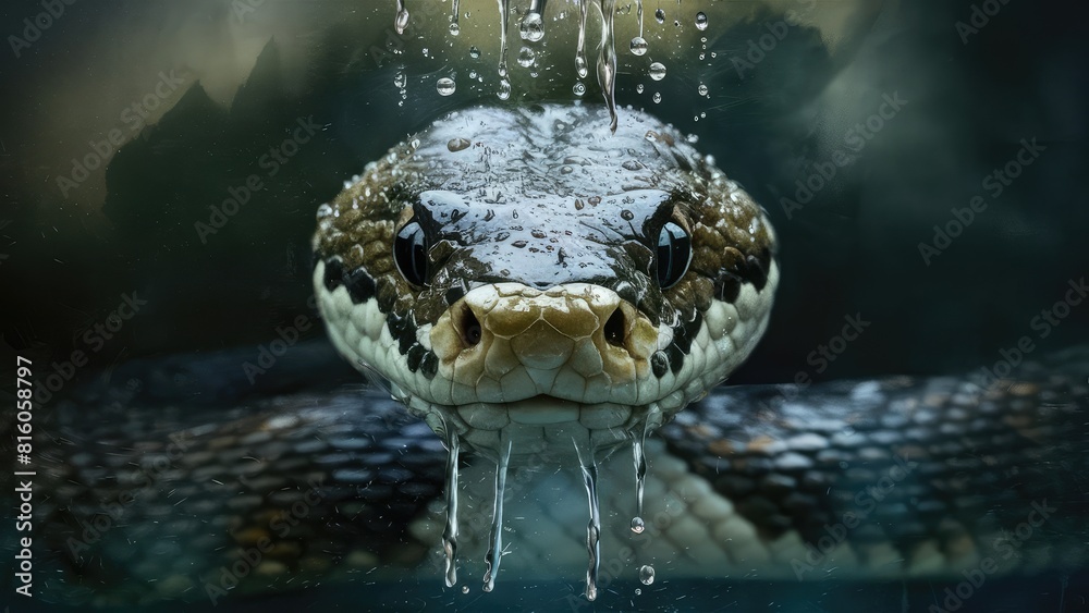 Very detailed macro of drops water on snake face, photo, cinematic, illustration