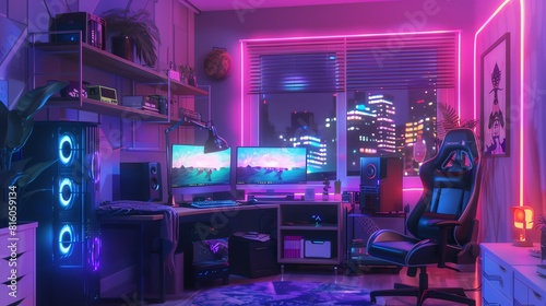 Gamer s paradise with custombuilt PC  LED lights  and ergonomic gaming chair  highenergy  vibrant neon  digital illustration