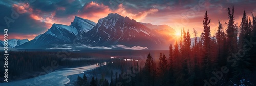 Mountains catching the sunset in Jasper National Park realistic nature and landscape