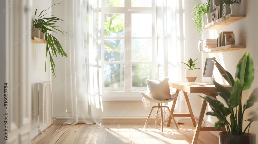 Scandinavianinspired home office, bright and airy with natural wood and plants Fantasy, Pastel, Watercolor, Features large windows, a cozy reading nook, and soft, flowing curtains Scandinavianinspired home office, bright and airy with natural wood and plants Fantasy, Pastel, Watercolor, Features large windows, a cozy reading nook, and soft, flowing curtains