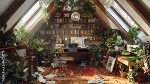 Remote worker in a cozy, bohemianstyle attic space filled with plants, books, and a vintage typewriter, using a futuristic AI hologram assistant, rendered in watercolor