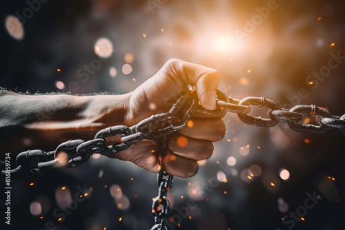 A powerful image depicting hands breaking free from heavy chains, symbolizing strength and liberation amidst a shower of sparks photo