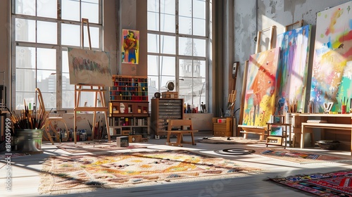 Spacious artist s loft workspace with scattered paint supplies and large canvases Pop Art