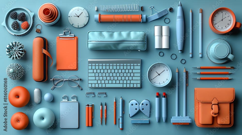 Lesson plan flat design top view learning theme 3D render Complementary Color Scheme, Lesson plan flat design top view learning theme 3D render Complementary Color Scheme,