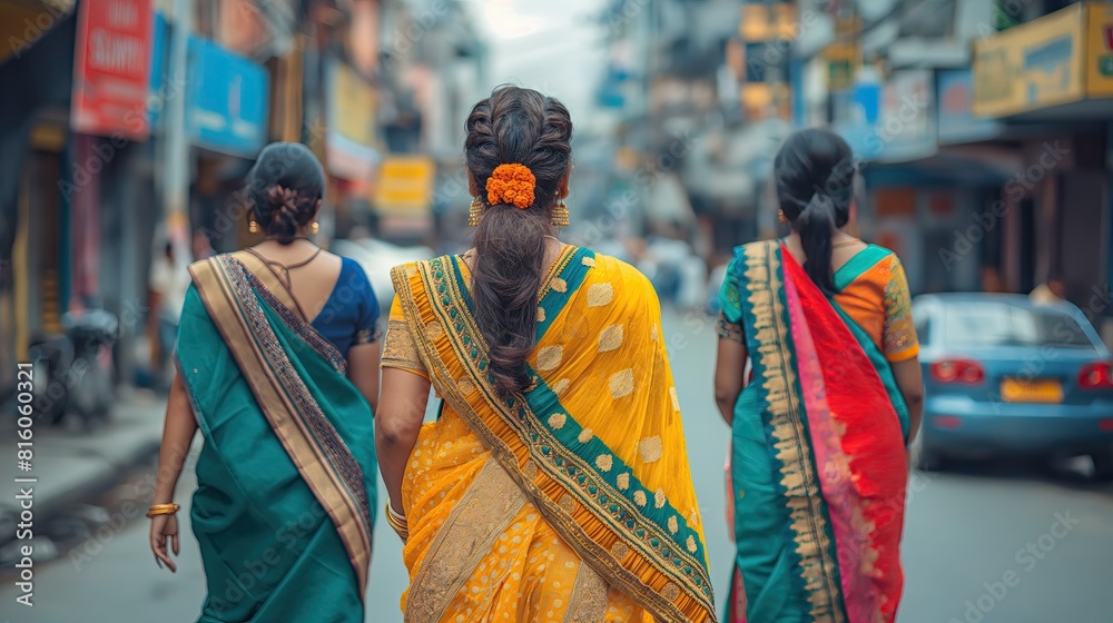 Vibrant portrait of three young women dressed in colorful traditional Indian sarees, adorned with jewelry, on a city street with autumn foliage..