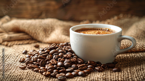 white cup of premium espresso coffee with beans on burlap