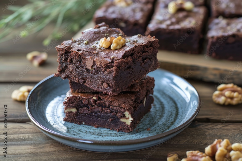 Stack of homemade brownies with walnuts, served on a ceramic plate Stack of homemade brownies with walnuts, served on a ceramic plate