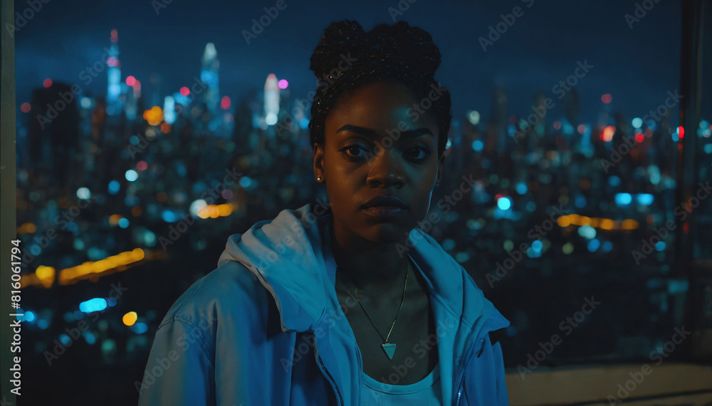 photo of beautiful adult african woman standing posing for picture at night future city in background, generative AI photo of beautiful adult african woman standing posing for picture at night future city in background, generative AI