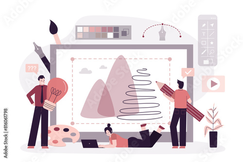 Group of digital artists drawing in graphic editor program on computer screen. Creative illustrators creating illustration or design graphic from new idea.
