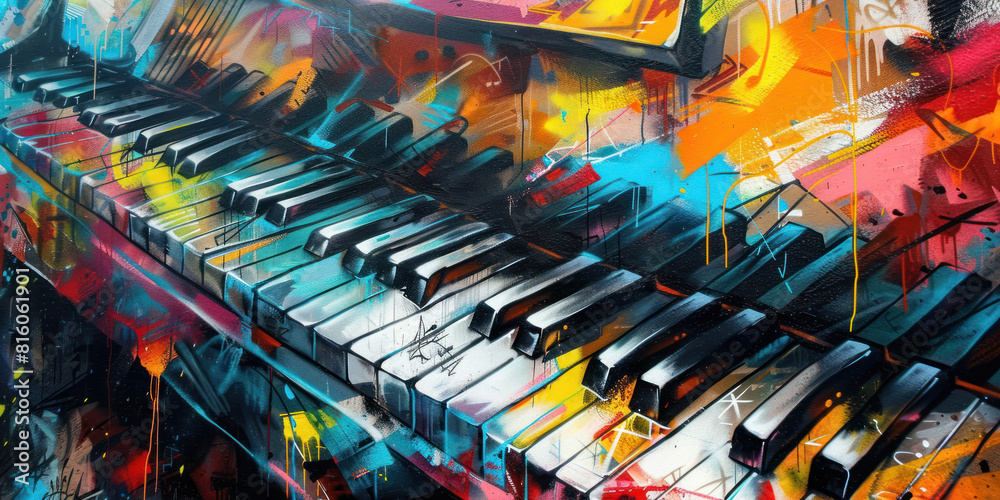 Keys of a piano painted with airbrush on colorful wall on the street, street art
