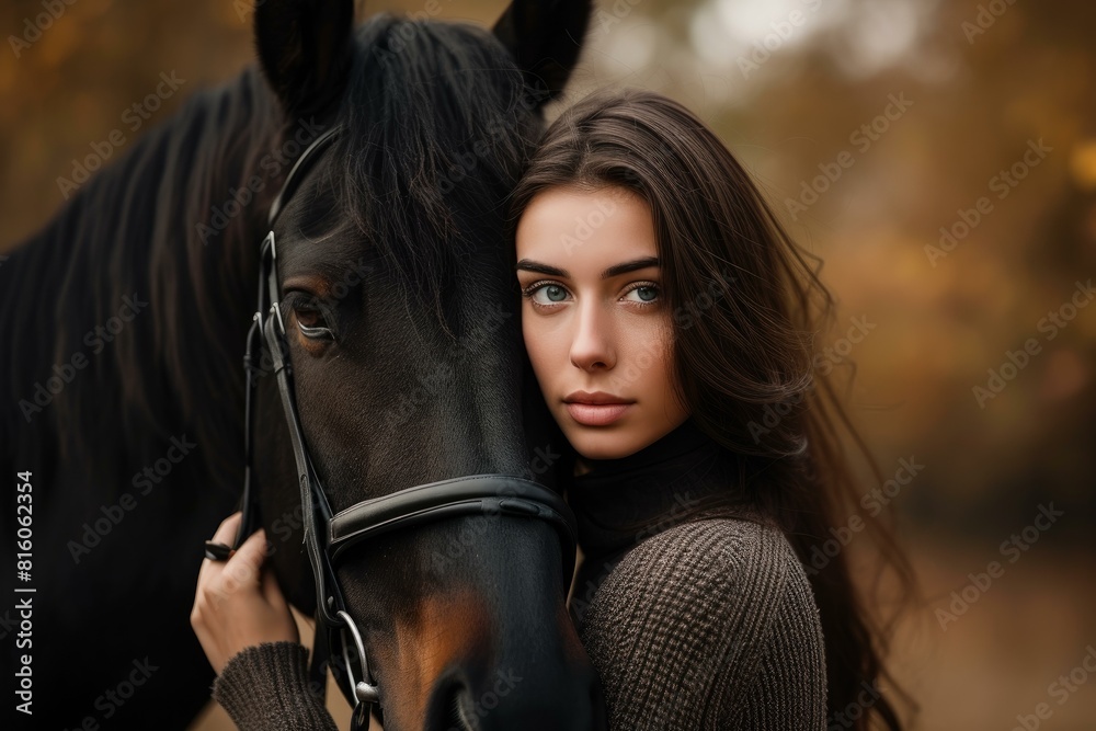 Obraz premium Close-up of a pensive young woman embracing a black horse amidst autumn foliage