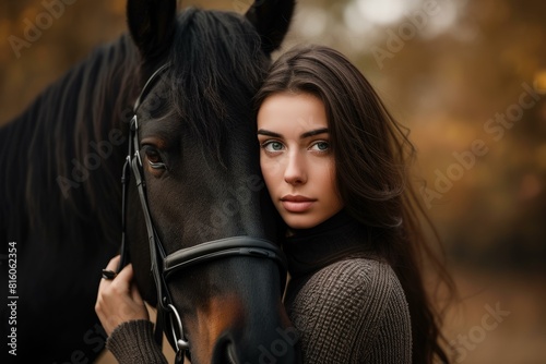 Close-up of a pensive young woman embracing a black horse amidst autumn foliage