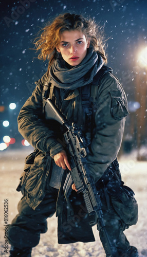 photo of adult Slavic woman as spy agent standing posing for picture at winter night, generative AI