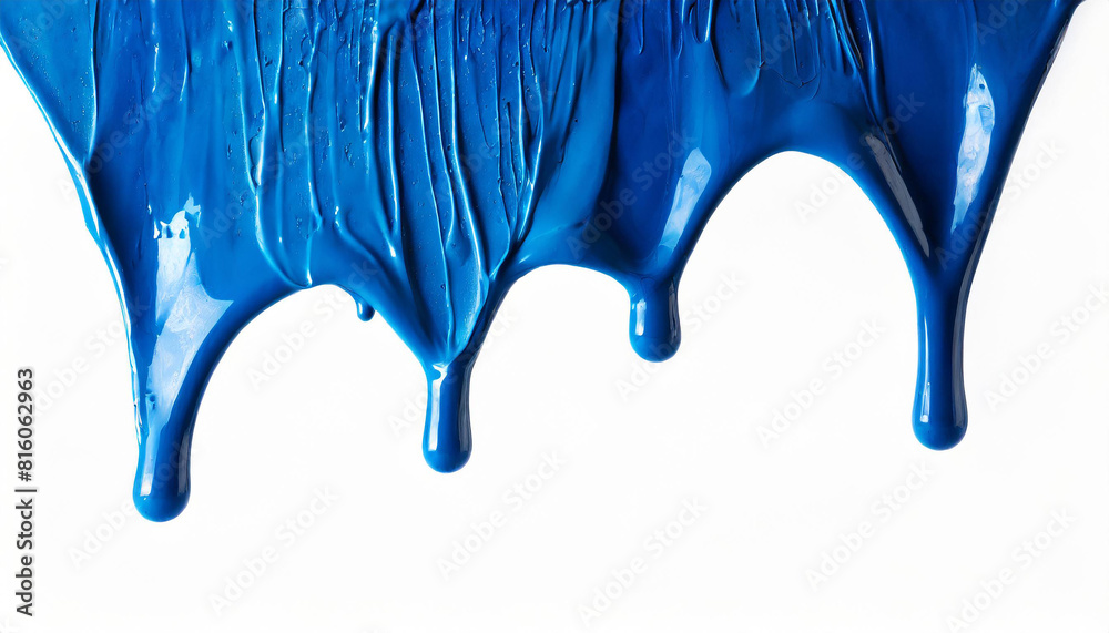 Blue paint dripping isolated on white background, closeup
