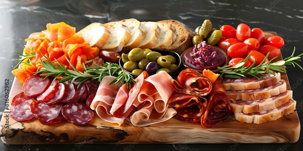 Elegantly curated charcuterie board featuring cured meats, olives, pickles, and artisan bread. Concept Charcuterie Presentation, Gourmet Meats, Artisanal Accompaniments, Sophisticated Snacking Elegantly curated charcuterie board featuring cured meats, olives, pickles, and artisan bread. Concept Charcuterie Presentation, Gourmet Meats, Artisanal Accompaniments, Sophisticated Snacking
