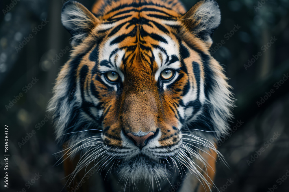 Fototapeta premium Portrait of a tiger's face on a dark background.