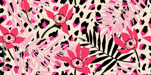 Exotic hand drawn flowers print, seamless patterns with floral and leopard for fabric, textiles, clothing, poster, cover, banner, wall art, home decor, abstract backgrounds.