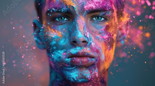 A man with colorful face paint and a blue eye
